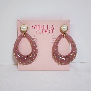 Stella & Dot Pink Resin Teardrop Earrings w/ Pearl Studs & Gold Accents 2.5"